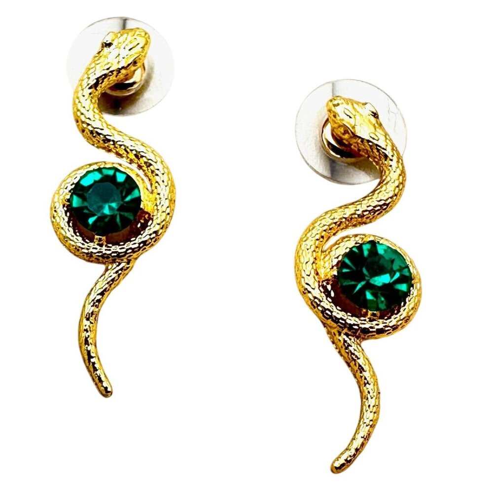 New Snake Earrings Pierced Green Rhinestone Gold Tone Chandelier 1.5 Inch